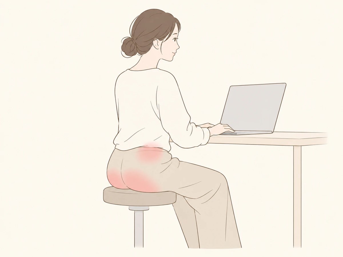 座りっぱなしで、お尻の筋肉が固まりやすい場所を示したイラスト