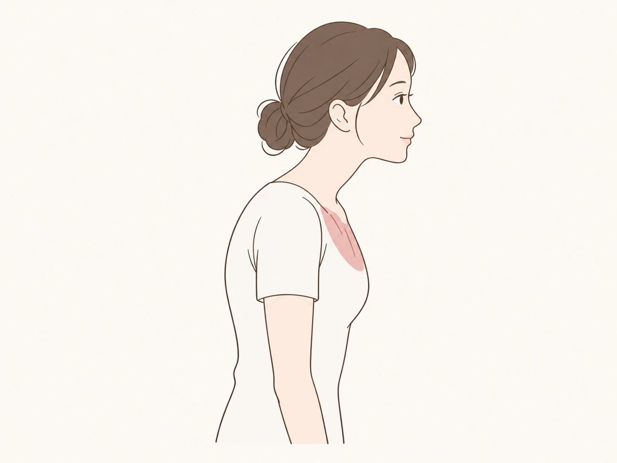 巻き肩の姿勢で、胸の前の筋肉が縮みやすい場所を示したイラスト